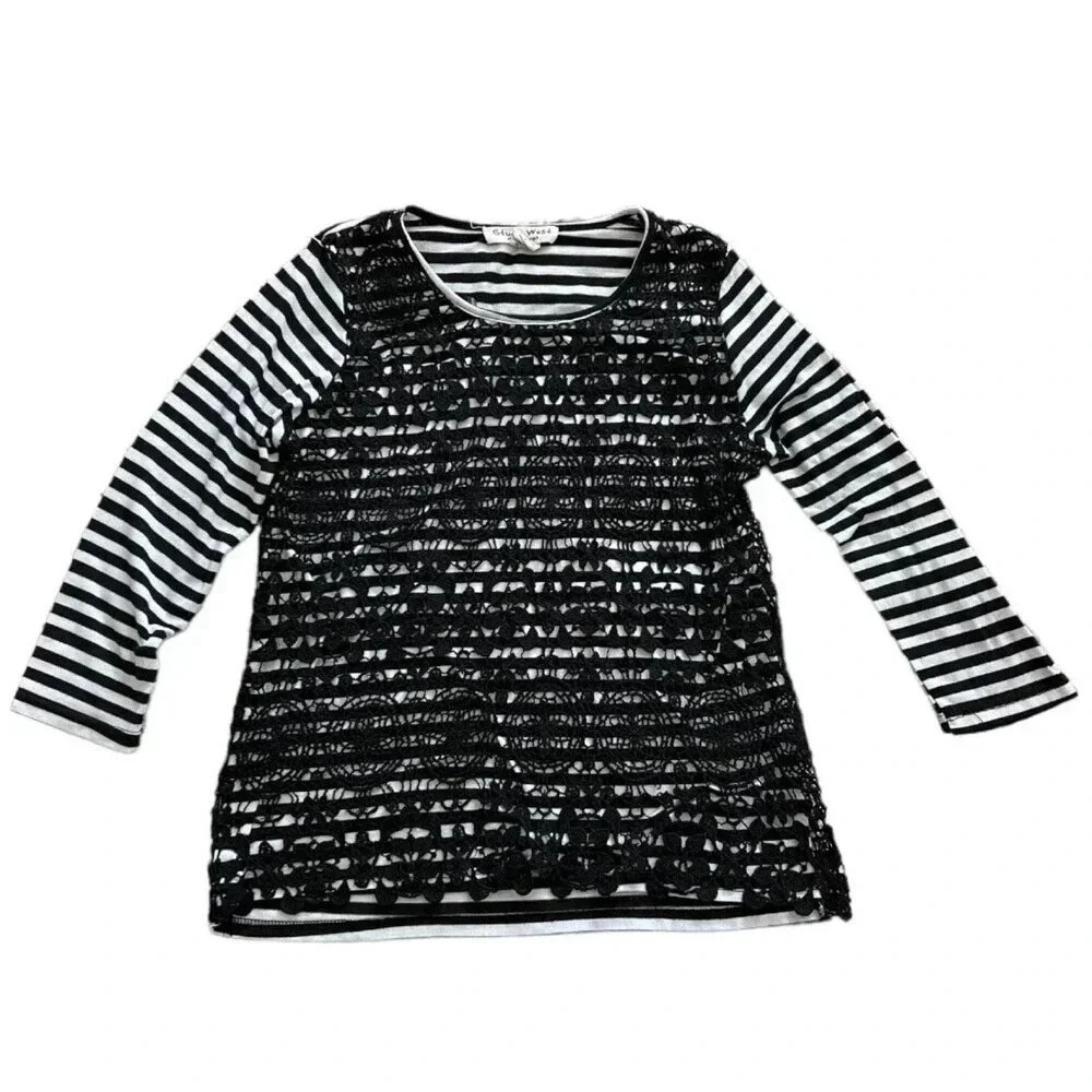 Studio West Apparel Black Striped Lace Top S
